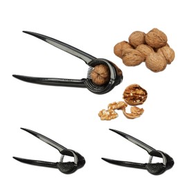 Relaxdays Nutcracker Set of 3 Nutcrackers H x W x D: 6 x 18.5 x 7.5 cm Walnut Cracker Metal for Nut Lovers Black Aluminium