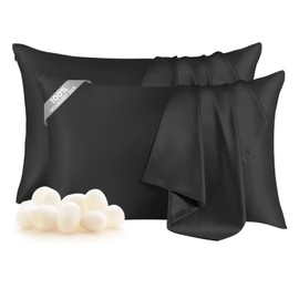 THXSILK Set of 2 100% Mulberry Silk Pillowcase for Hair and Skin, Both Sides 19 Momme Pure Natural Silk Pillowcases, Soft and Breathable Black Zipper Pillowcases, Queen Size 20"×30"
