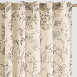 jinchan Floral Linen Curtains for Living Room 96 Inch Length Butterfly Curtains Grey Floral Curtains French Country Farmhouse Flower Patterned Curtains Drapes Back Tab Rod Pocket Set 2 Panels