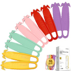 T TOVIA Safety Box Cutter Knife of Recessed Concealed Stainless Steel Blade, Package Opener Plastic Cutter for Box, Carton, Shrink Wrap, Plastic Straps, 5Color, 50pcs