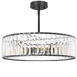 Modern Crystal Chandelier, 6-light Dinning Room Light Fixture, Round Pendant Light Kitchen Island, Black Hallway Light Fixture, Semi Flush Mount Ceiling for Living Room Entryway Bedroom Foyer, E26