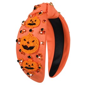 YAHPERN Women's Spooky Jeweled Rhinestone Crystal Knotted Wide Top Knot Embellished Headband Hair Accessories Gifts (Pumpkin 4)