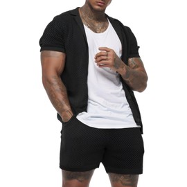 FEOYA Men Shorts Set Hollow Out Mesh 2 Piece Outfits See Through Beach Shirts and Shorts Sheer Fishnet Shorts Set Solid Tracksuit Black XL