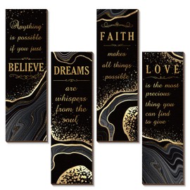 Chitidr 4 Pcs Black and Gold Inspirational Quote Wooden Sign Love Faith Believe Dream Wall Decor Hanging Rustic Encouragement Signs for Wall Motivational Home Living Room Bathroom Bedroom, 11 x 4 Inch
