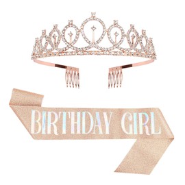 TopBine Birthday Princess Crown & Birthday Sash，Birthday Decorations for Women，Happy Birthday Girl Tiara Princess Birthday Party Decorations Gifts(ROSE GOLD)