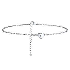 PROSILVER Women's Letter Anklet 925 Sterling Silver Rolo Chain Anklet with Heart Charms Minimalist Girls Anklet 22 + 5 cm Adjustable Ankle Bracelet Summer Jewellery Accessory, Sterling Silver