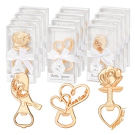 wxfdac 24Pcs 3 in1 Wedding Party Favor Bottle Openers for Guests, Double Heart Rose Flower Lovebirds Bottle Openers with Gift Box, for Bride Shower Decor Engagement Souvenirs Anniversary Supplies