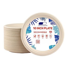 JOYFULOCEAN Paper Plates, 165 Count Compostable Disposable Paper Plates, Party Plates 10 Inch Heavy Duty, Bagasse Natural Biodegradable Eco-Friendly Sugarcane Fibers Plate[PFAS-Free][BPI Certified]
