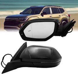 Driver Left Side Mirror Compatible With Volkswagen Atlas 2018 2019 2020 2021 2022 2023 2024 With Heated Power Mirror Turn Signal Light Blind Spot Indicator (6+2 Pins) Gloss Black