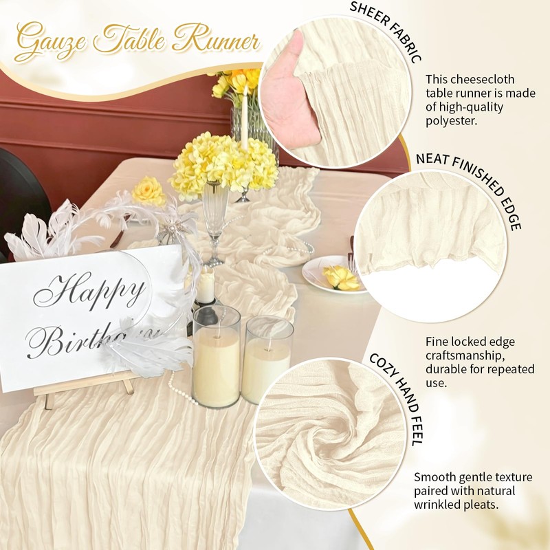 Ivory Boho Cheesecloth Table Runner 12 Pack 17x108 Inch Sheer