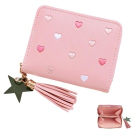 Girls Purse, Cute Slim Short Kids Wallet with Embroidery Hearts, PU Leather Coins Pocket Purse with Tassel Zipper for Teens Girls Women Gift (Pink)