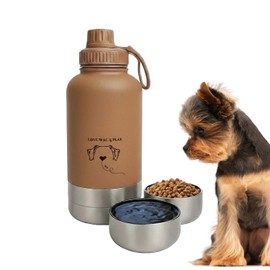 Love Wag & Play- Botella de agua portátil para perros – Cuenco 2 en 1 de acero inoxidable para comida y agua – Bebedero portátil a prueba de fugas con asa de transporte – Diseño desmontable – Ideal pa