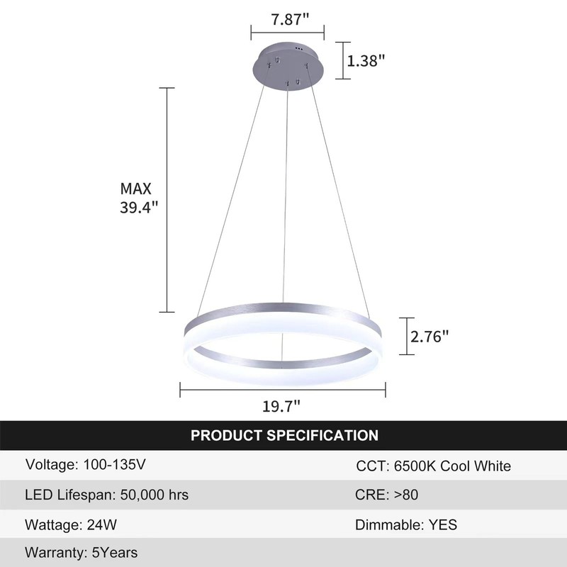 Buccleuch Modern LED Pendant Light, Dimmable Silver LED Chandelier for