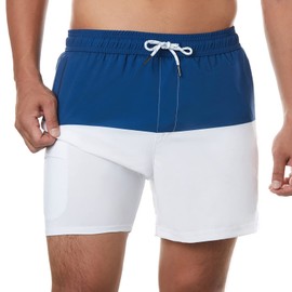 BRISIRA - Bañador para hombre, de secado rápido, 5 pulgadas, con forro de compresión y bolsillo con cierre, Azul y Blanco, 36