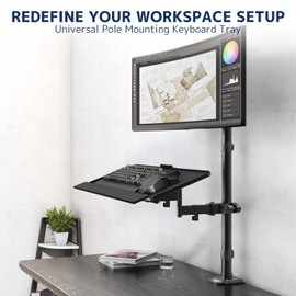 STANDOPIA Pole Mount Keyboard Tray - Universal 26 Inch Platform for Keyboard and Mouse, Fits 1.1”–2.4” Poles, Rotation & Tilt Ergonomic Steel Mount Platform with Cable Management, Black