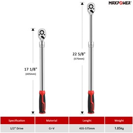 MAXPOWER 1/2-Inch Drive Extendable Ratchet Wrench, 1/2 Inch Drive Ratchet Socket Wrench, Quick Release 72-Tooth Reversible Ratcheting Feature(17 1/8" - 22 5/8" Length)