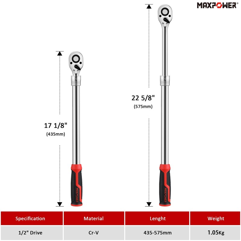 MAXPOWER 1/2-Inch Drive Extendable Ratchet Wrench, 1/2 Inch Drive Ratchet