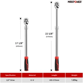 MAXPOWER 1/2" Drive Extendable Ratchet Wrench, 17 1/8"-22 5/8", Soft Grip
