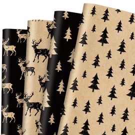 JarThenaAMCS 12 Sheets Christmas Kraft Wrapping Paper -Not Roll- Xmas Tree Reindeer Gift Wrap Paper Folded Flat Vintage Craft Paper for Home Party Supplies, 19.7 x 27.6 Inch
