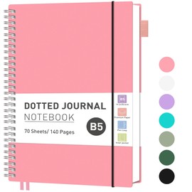 RETTACY Dotted Notebook, B5, Bullet Dot Journal, Lightweight Pad for Students, 140 Sheets, 70 Pages, for Writing, 100 gsm, PVC, Spiral Binding, for Women, Men, Work, Office, 19.3 x 25.4 cm, Pink
