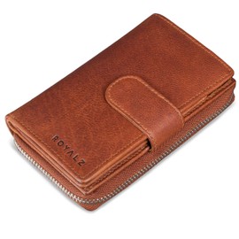 ROYALZ 'Dominica' Vintage Leather Women's Purse Large Multiple Compartments 18 Card Slots RFID Blocker Wallet Many Compartments XXL, Texas brown, Vintage