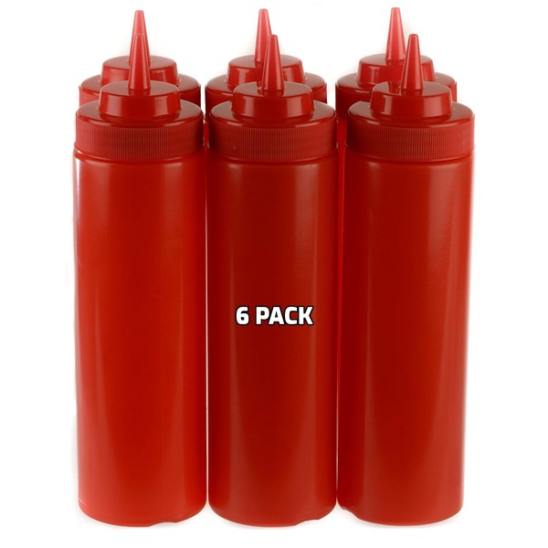 [6 PACK] 24 Oz Red Plastic Condiment Squeeze Bottles Squirt