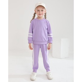 SOLOYEE Toddler Girl Clothes 5T 6T Girls Fall Winter Outfits, Solid Crewneck Stripes Long Sleeved Pullover Sweatshirt Tops + Sweatpants 2 Pcs Casual Toddler Sweatsuits Sets