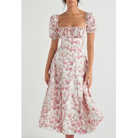 Linsery Women Floral Maxi Dress with Puff Sleeve Elegant Square Neck Cottagecore Boho Dresses Floral White Small
