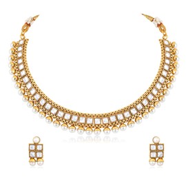 Aheli Gold Plated White Crystal & Baby Pearl Studded Necklace & Stud Earrings Set Ethnic Fashion Jewellery Gift for Women