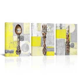 sechars Yellow and Grey Kitchen Decor Vintage Fork Knife Spoon Painting Canvas Kitchenware Picture Prints Rustic Dining Room Restaurant Geometric Decoration (Yellow)