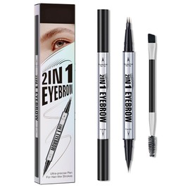 Dual-Ended Eyebrow Pencil, Waterproof Dark Brown Brow with Micro-Fork-Tip & Spoolie Brush, Create Natural Hair-Like Defined Brows, Last All-Day (01# DARK BROWN)