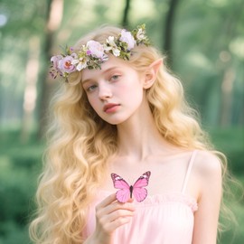 KorViSHOW Pink Flower Crown Headband, Artificial Rose Floral Headpiece, Adjustable Fairy Woodland Flower Crown for Women Girls Renaissance Birthday Bride Wedding Festivals Party Hair Accessories