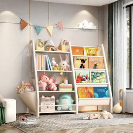 FURNinspire 4 Tier Kids Bookshelf and Toy Storage with Extra Pocket, Baby Toddler Bookshelf for Kids, Kids Bookcase, Toy Storage Organizer for Playroom, Bedroom, Nursery (White)