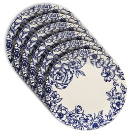 BIG HORN 9 Inch Zanzibar Dinnerware Melamine Plates, Spanish Floral Design (Blue - White Floral) - 6 Pcs/Set
