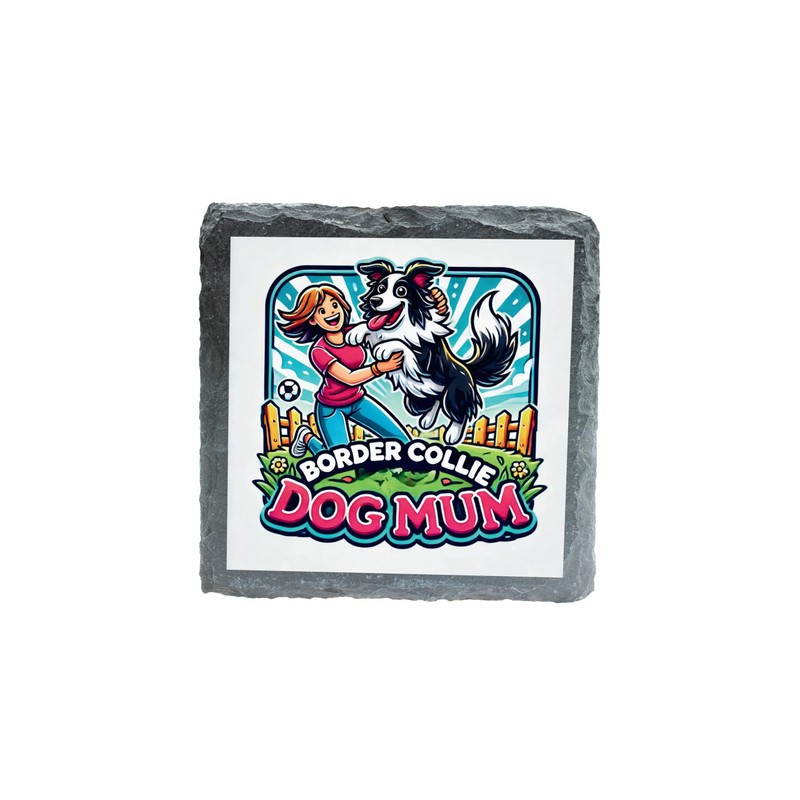 Border Collie Dog Mum Slate Coaster with Cute Cartoon Design,