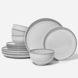 Pokini Santorini Mist Terracotta Reactive Glaze Plates and Bowls Sets, Stoneware Dinnerware Sets, Microwave and Dishwasher Safe Ceramic Dish Set Service for 4, Moonstone White