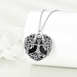 YAFEINI Black Onyx Necklace Sterling Silver Tree of Life Necklace Celtic Necklace Onyx Celtic Knot Necklace Jewellery Gifts for Women Girls