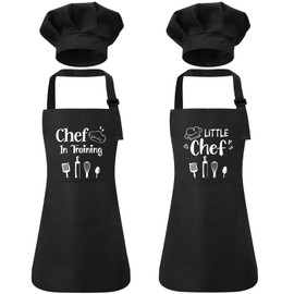 XLSXEXCL 2 Pack Kids Apron and Chef Hat Adjustable Kitchen Cooking Apron with Pockets Kids Funny Apron Chef Dress up Role Play for Girls Boys Baking Painting Art Gardening, Black