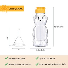 2 Pack Plastic Bear Honey Bottles with Funnel, 240ml Squeeze Honey Jars Leakproof Honey Dispenser No Drip Lids Honey Bear Containers for Ketchup Mustard Salad Dressing Sauce Syrup Oil Epoxy, BPA Free