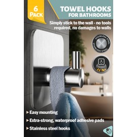 Menz 6-Pack Adhesive Towel Hooks for Bathrooms, Stainless Steel - Durable Self-Adhesive Robe Rack, Adhesive Wall Hooks, Sticky Towel Holder, Waterproof, No Drill