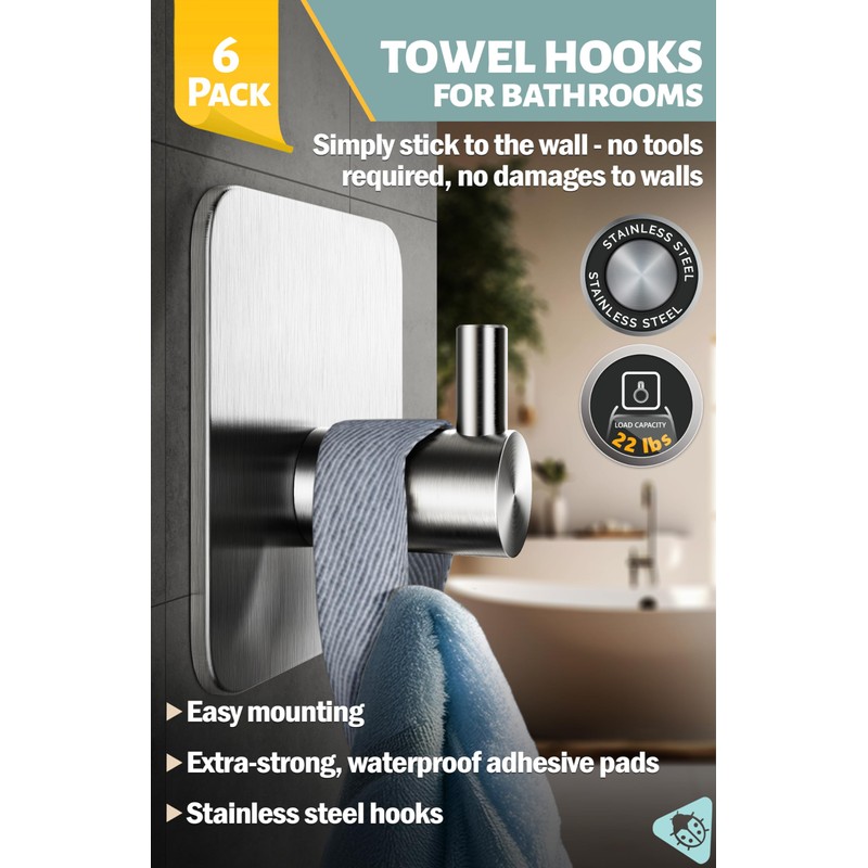 Menz 6-Pack Adhesive Towel Hooks for Bathrooms, Stainless Steel -