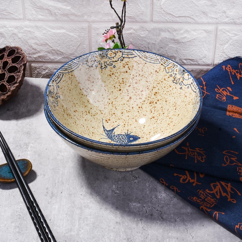 Whitenesser 8-inch Ceramic Ramen Bowls with Fish Design, Japanese Style