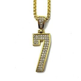 Fanshu Stainless Steel Number 7 Pendant Necklace, Titanium Iced Out Bling Seven Charm Collar Chains Sports Necklace for Men Women Couple Friends Fans Gift Fashion Jewelry Hip Hop (Gold Color)