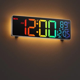 HAITANG 10.5'' Digital Wall Clock with Remote Control, Dual Alarm Wall Clocks for Living Room, Bedroom, Kitchen Decor, 8 RGB Colors Large LED Dispaly, Auto Brightness, Date, Auto DST, Temperature