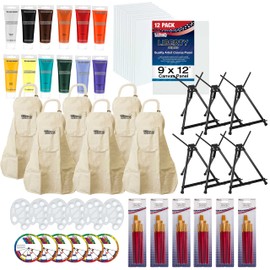 U.S. Art Supply Sip and Paint Art Party Painting Kit - 6 Easels, 12 Paint Tube Set, 12 Canvas Panels, 6 Brush Sets & 6 Aprons