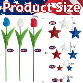 Watayo 80 Independence Day Stars Foam Vase Filler and 12 Artificial Tulips Set, 4th of July Decoration Stars Tulips Vase Stuffer, Patriotic Red White Blue Glitter Vase Filler for Table Centerpiece