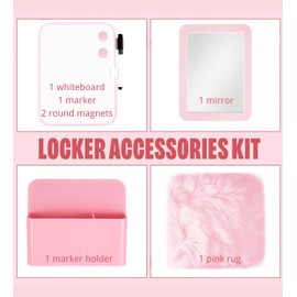 School Locker Accessories for Girls Locker Decorations Locker Organizer Include Whiteboard, Mirror, Pen Holder, Marker, Round Magnets, Pink Fur Locker Rug