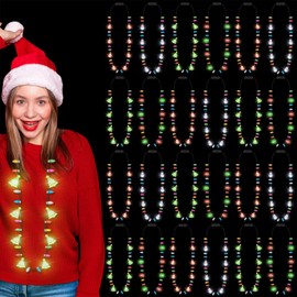 24PCS Christmas Party Supplies, Colorful Light Up Christmas Necklace, Christmas Accessories Santa Claus Bulbs, 3 Modes Christmas Necklaces Bulk for Kids Christmas Light Necklaces New Year Eve