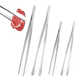 Set of 4 Kitchen Tweezers, 25 cm and 30 cm Cooking Tweezers Stainless Steel Set, Tweezers Kitchen with Round and Pointed Head, Barbecue Tweezers and Cooking Tongs for Kitchen, BBQ and Family