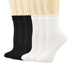 Mcool Mary Women's Ankle Socks, Breathable Cotton Crew White Frilly Socks with Cute Scalloped Edges 6 Pairs
